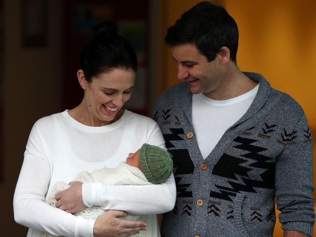 New Zealand Prime Minister Jacinda Ardern with her partner Clarke Gayford and baby Neve Te Aroha Ardern Gayford in 2018. Picture: Getty Images