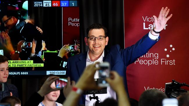 Daniel Andrews celebrates his 2104 Victorian election victory. Picture: Jake Nowakowski