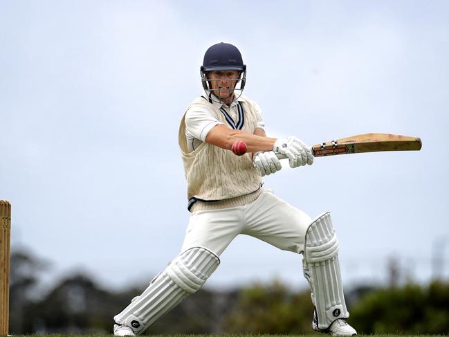 Chris Brittain plays a cut shot for Baxter. He will slot into the Langwarrin top order next season. Picture: Mark Dadswell