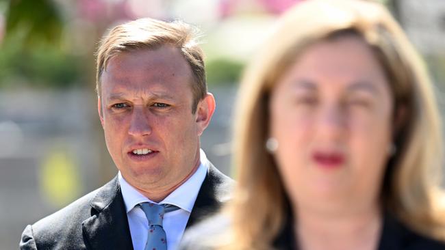 Queensland Deputy Premier Steven Miles listens to Premier Annastacia Palaszczuk as she speaks during a press conference. Picture: NCA NewsWire / Dan Peled