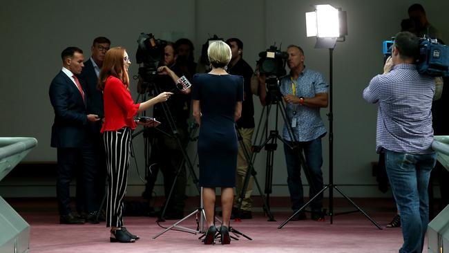 Foreign Affairs Minister Julie Bishop speaking at a doorstop at Parliament House in Canberra. Picture: Kym Smith