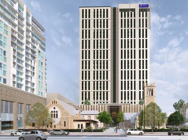 Artist impression of a proposed 33-storey student accommodation tower for Trinity Church on North Tce. Picture: Brown Falconer