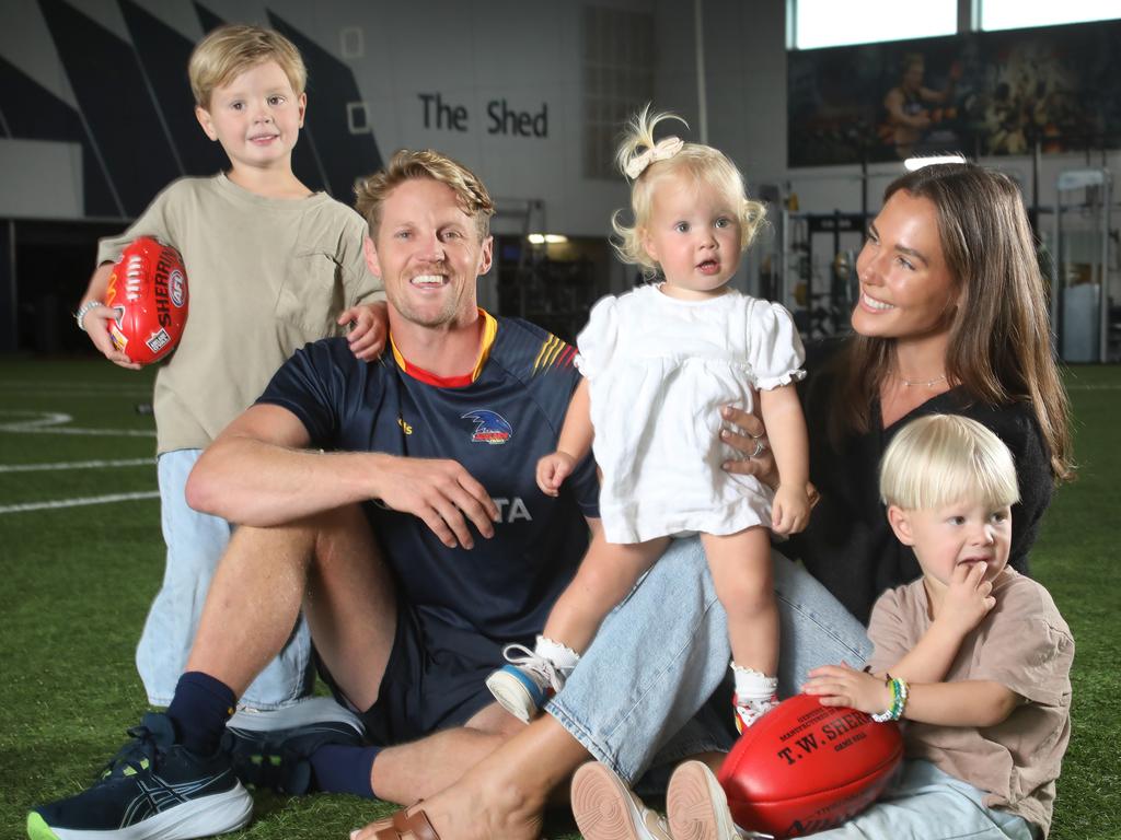 Rory Sloane with his wife Bel and kids, Sonny, 4, Bohdi, 3, and Summer, 1. He called time on his career this week. Picture: Picture Dean Martin