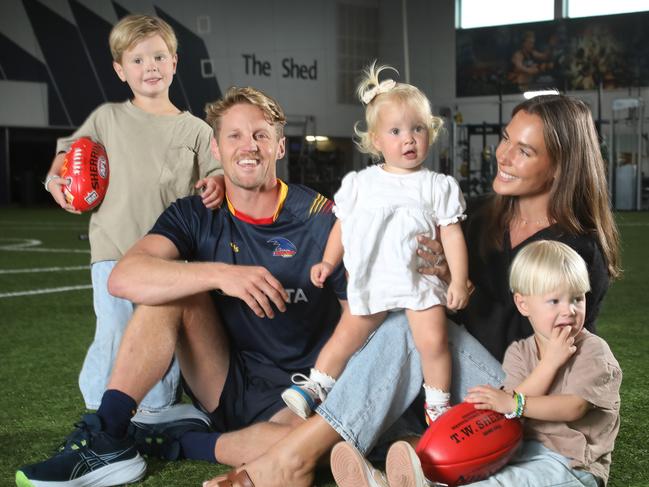 Rory Sloane with his wife Bel and kids, Sonny, 4, Bohdi, 3, and Summer, 1. He called time on his career this week. Picture: Picture Dean Martin