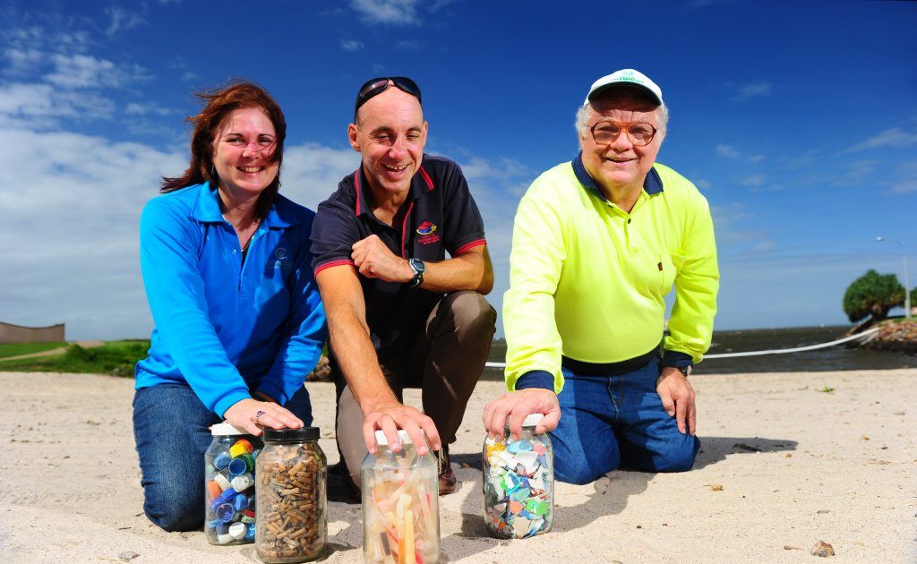 Conservation Volunteers Australia's Tracey French, Dr Scott Wilson and volunteer Les Schulze get their hands dirty for the Marine Debris 2012 survey. Picture: Tom Huntley