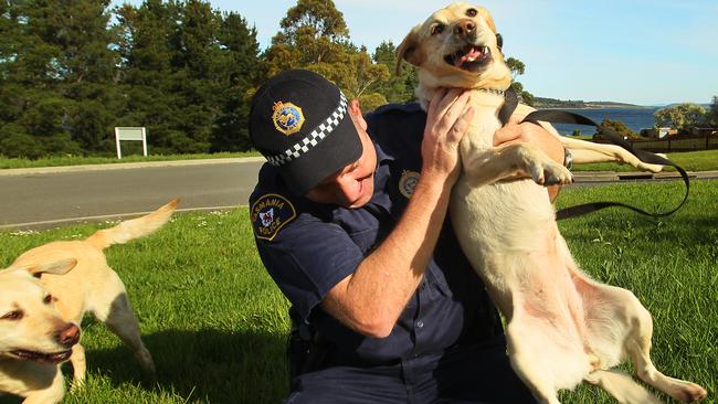 Constable Brian Purcell playing with Flicka, with Yuli on the left, at the Rokeby Police Academy.