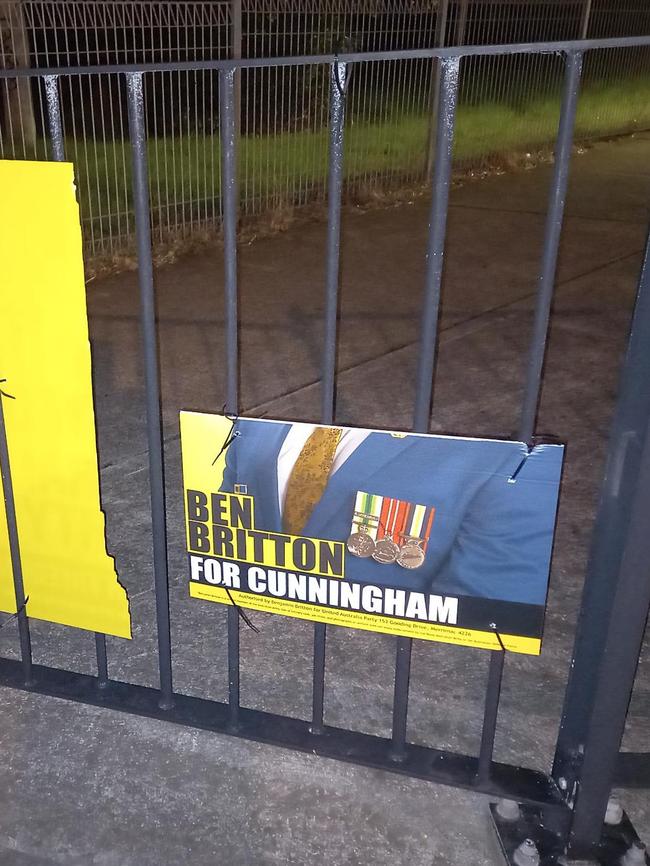 Signs of United Australia Party UAP Cunningham candidate Benjamin Britton have been damaged throughout the electorate. Picture: Supplied