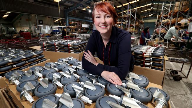 Jo Fallshaw at Fallshaw Wheels &amp; Castors’ factory in Melbourne with castors for special flat-pack beds Picture: David Geraghty