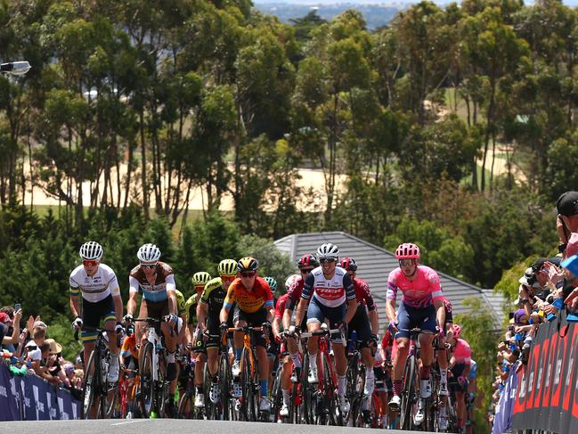 Climbers hit a hill during the race in 2020. Picture: Con Chronis/Getty Images