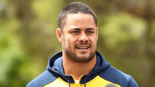 SYDNEY, AUSTRALIA - FEBRUARY 27:  Jarryd Hayne speaks to the media during the Parramatta Eels NRL media day at the Old Saleyards Reserve on February 27, 2018 in Sydney, Australia.  (Photo by Mark Kolbe/Getty Images)