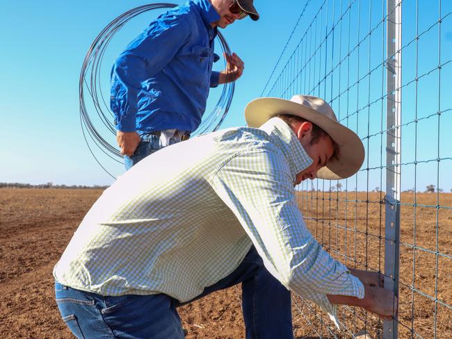 Grazier Paul Doneley (top) keeps an eye on the fencing technique of backrower Harry Wilson at his Barcaldine property during the Reds-to-Regions tour. Picture: Tom Mitchell