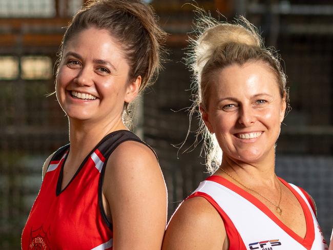 Darwin Hockey grand final captains,  Des Abbott (Nightcliff),  Stacey Luck (Commerce-PINT), Chantrelle Carey (Waratah) and and Patrick Clapp (Easts), face off for the 2020 grand final series.Picture: Che Chorley