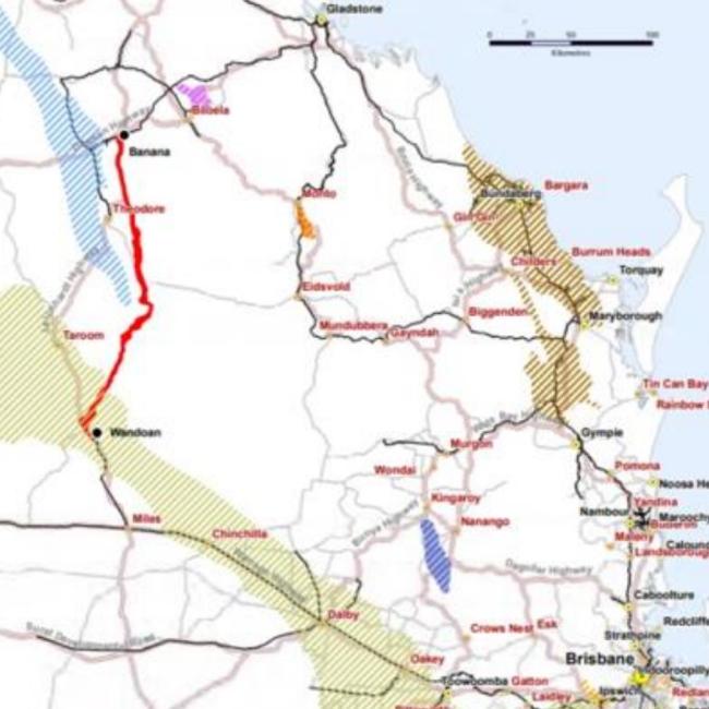 A map showing the proposed Inland Rail extension from Toowoomba (Oakey) to Gladstone, via Miles, Wandoan and Banana.