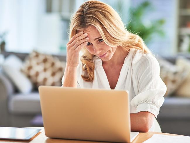 Business woman stress, burnout or laptop anxiety 404 error, financial stress or mental health in house. Depression, tired or remote employee with headache from audit, tax finance or financial debt, mortgage interest rates generic