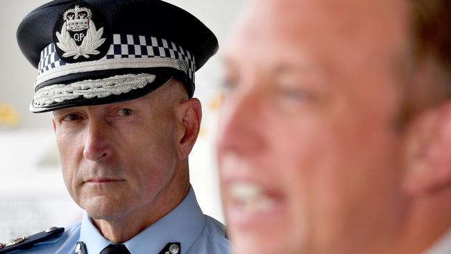 QLD's new Police Commissioner Steve Gollschewski  and Premier Steven Miles will inspect the Townsville Police helicopter. Picture: Evan Morgan