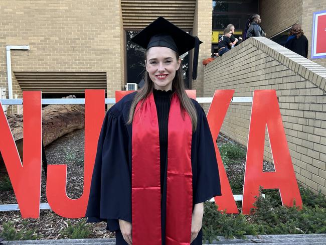 Teaghan Ryan graduates with a Graduate Diploma in Midwifery from La Trobe University on May 14, 2024. Picture: Brittany Busch