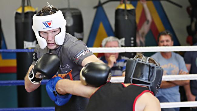 Jeff Horn (left) takes on his brother Ben on Thursday in Horn’s final sparring session ahead of his fight against Anthony Mundine. Picture: Annette Dew