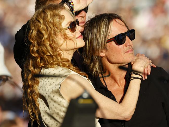 Nicole Kidman and Keith Urban at the Elton John concert at McDonald Jones Stadium during the Newcastle leg of his Farewell Yellow Brick Road Tour. Picture: Richard Dobson