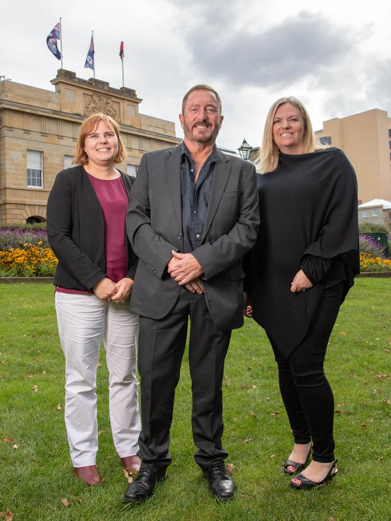 Newly elected members of Tasmanian Parliament, Member for Braddon Miriam Beswick, Member for Lyons Andrew Jenner, and Member for Bass, Rebekah Pentland of the Jacqui Lambie network at Parliament Lawns, Hobart, Monday, April 8, 2024. Picture: Linda Higginson