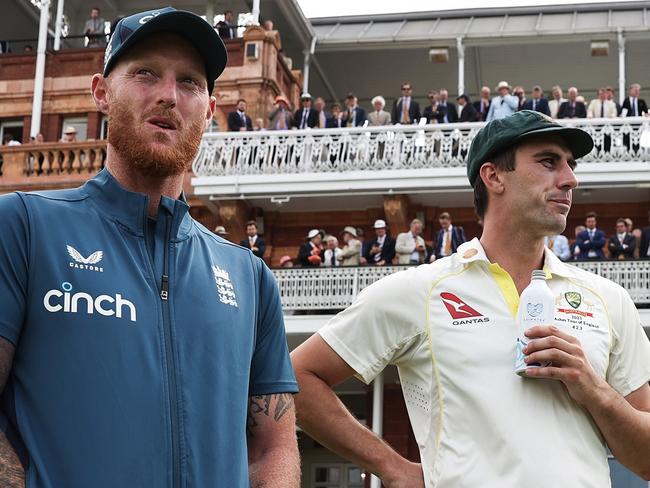 LONDON, ENGLAND - JULY 02:  Ben Stokes of England speaks to Pat Cummins of Australia after play during Day Five of the LV= Insurance Ashes 2nd Test match between England and Australia at Lord's Cricket Ground on July 2, 2023 in London, England. (Photo by Ryan Pierse/Getty Images)