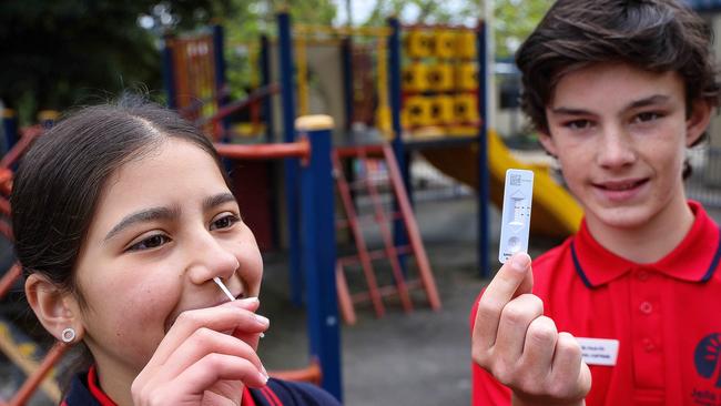 Jells Park Primary School Captains Anastasia and Ben with a Rapid antigen test kit. Picture: NewsWire