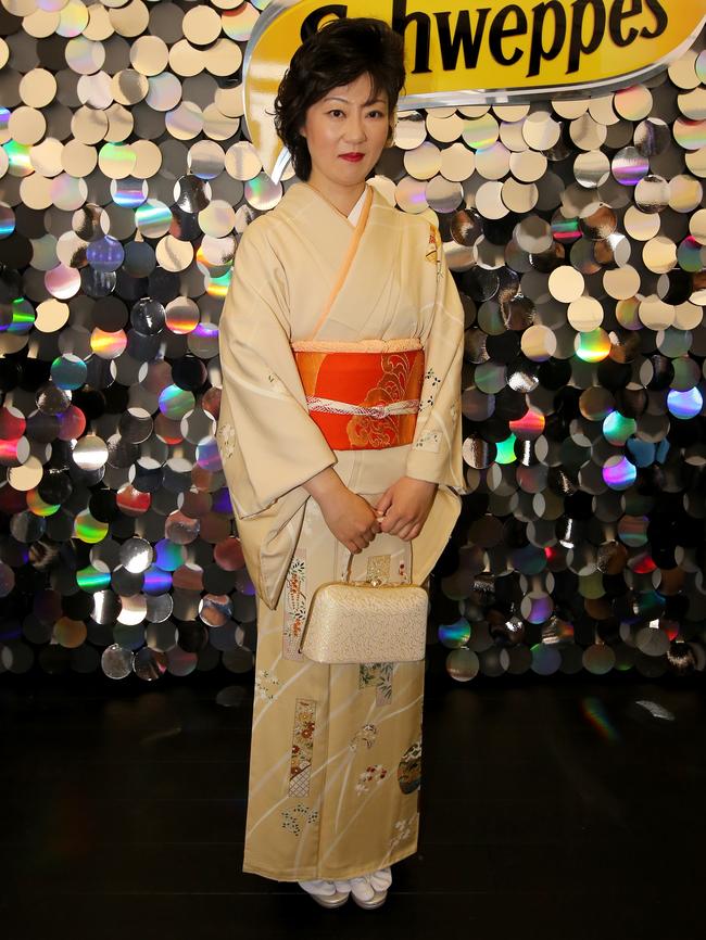 Mrs Shoko Tojo wearing traditional Japanese dress at Flemington today. Photo: Stuart McEvoy