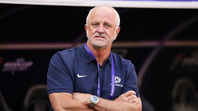 DOHA, QATAR - JANUARY 13: Graham Arnold, Head Coach of Australia looks on prior to the AFC Asian Cup Group B match between Australia and India at Ahmad Bin Ali Stadium on January 13, 2024 in Doha, Qatar. (Photo by Robert Cianflone/Getty Images)