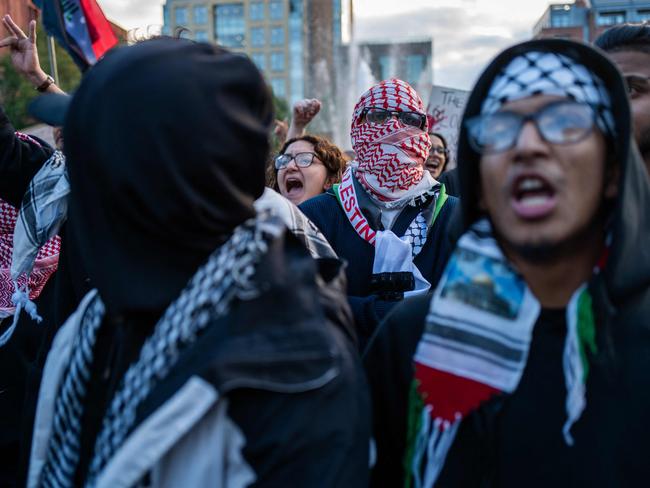 Supporters of both Palestine and Israel face off at Washington Square Park in New York City. Picture: AFP