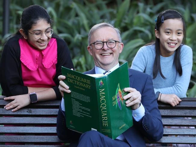 Prime Minister Anthony Albanese with last year’s Spelling Bee winners Theekshitha Karthik, 12, and Arielle Wong, 11. Picture: David Caird