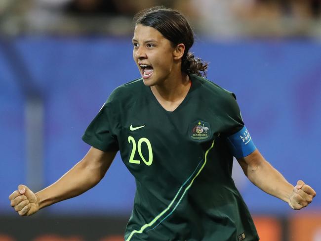 Matildas captain Sam Kerr celebrates scoring her fourth goal against Jamaica. Picture: Getty Images