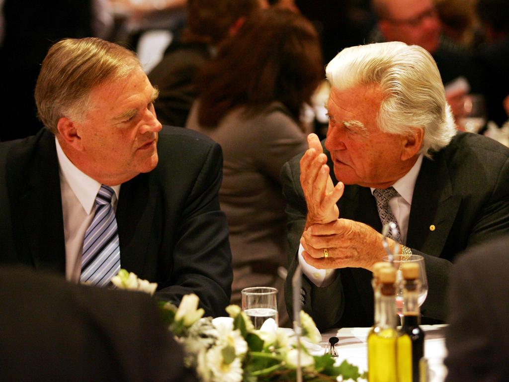 Former Prime Minister Bob Hawke (R) and Opposition Leader Kim Beazley (L) at the celebration of Gough Whitlam's 90th birthday at Machiavelli restaurant in Sydney CBD.