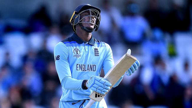 LEEDS, ENGLAND - JUNE 21: Jofra Archer of England looks on in despair as he is dismissed during the Group Stage match of the ICC Cricket World Cup 2019 between England and Sri Lanka at Headingley on June 21, 2019 in Leeds, England. (Photo by Clive Mason/Getty Images)