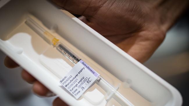 A syringe containing the AstraZeneca COVID-19 vaccine at the Royal Exhibition Building COVID-19 Vaccination Centre. Picture: Darrian Traynor/Getty Images