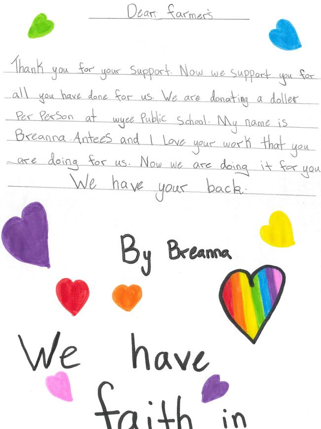 A letter written by Breanna from Wyee Public School to farmers.