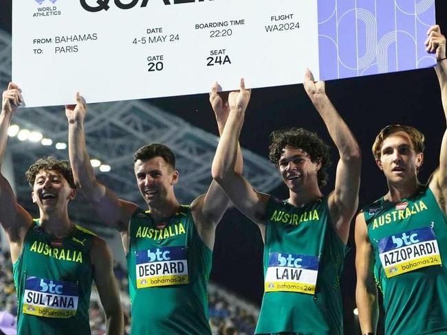 Hobart's Jacob Despard (second from left) helped Australia's 4x100m relay team qualify for the Olympics at the World Relays in the Bahamas on Sunday night. Picture: Athletics Australia