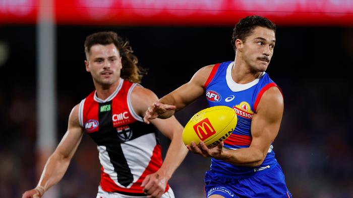 MELBOURNE, AUSTRALIA - MARCH 25: Riley Garcia of the Bulldogs in action during the 2023 AFL Round 02 match between the Western Bulldogs and the St Kilda Saints at Marvel Stadium on March 25, 2023 in Melbourne, Australia. (Photo by Dylan Burns/AFL Photos via Getty Images)