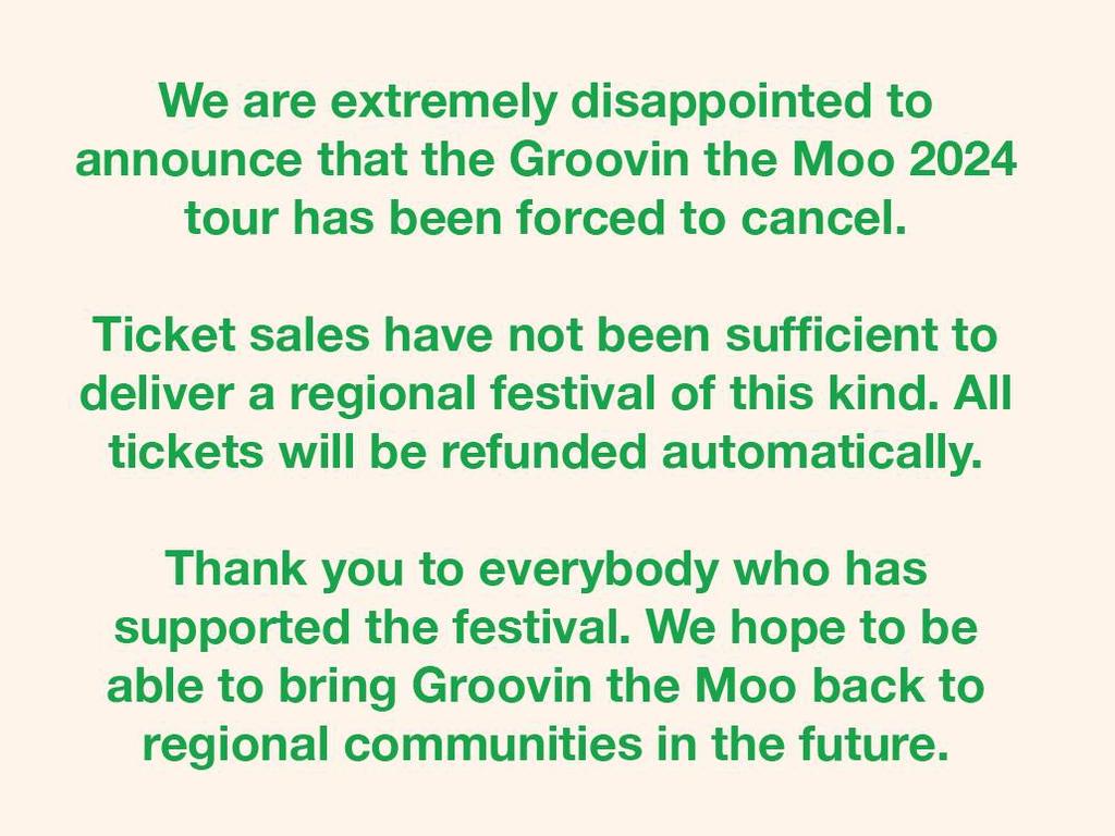 Instagram post announcing Groovin the Moo Festival 2024 is cancelled. Photo: Supplied