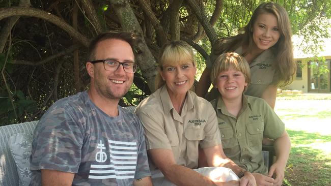 Journalist Jonathon Moran with Bindi, Bob and Terri Irwin before they head into the I’m A Celebrity camp. Picture: Supplied