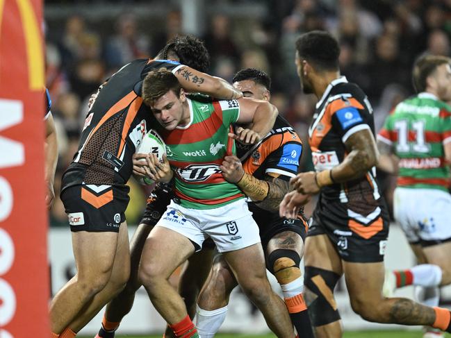 May made a whopping 63 tackles against Souths, with none missed, including this one on Lachlan Huber. Picture: NRL Imagery