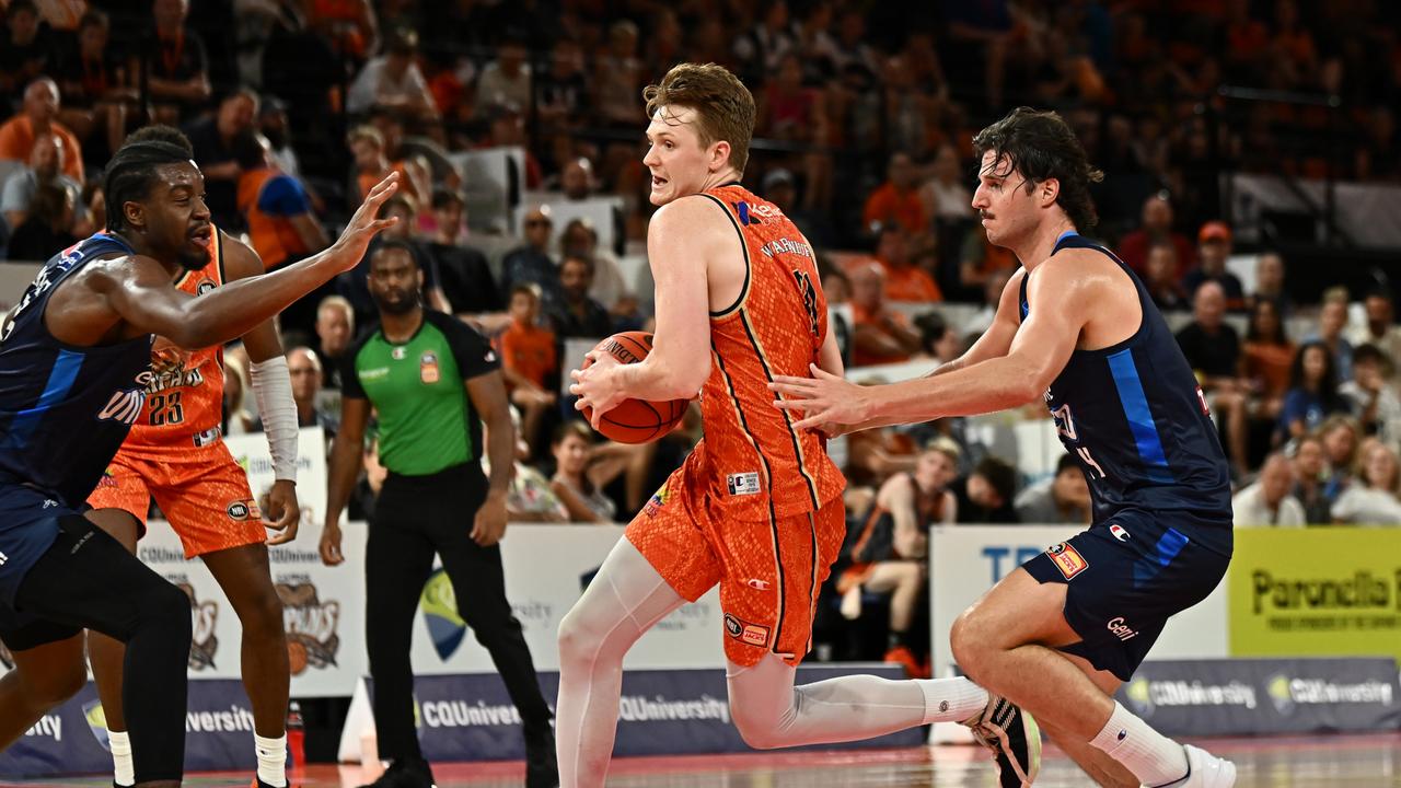 Sam Waardenburg of the Taipans drives up court during the round 20 NBL match between Cairns Taipans and Melbourne United at Cairns Convention Centre, on February 16, 2024, in Cairns, Australia. (Photo by Emily Barker/Getty Images)