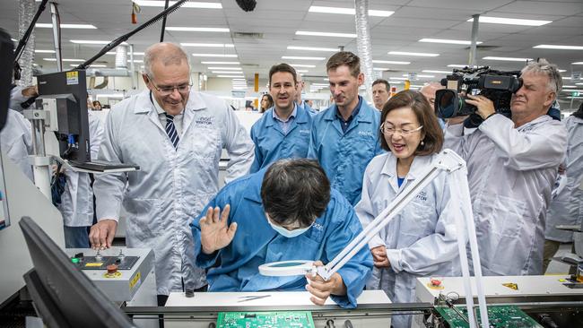 Scott Morrison and Gladys Liu tour of Extel Technologies, in the marginal electorate of Chisholm. Picture: Jason Edwards