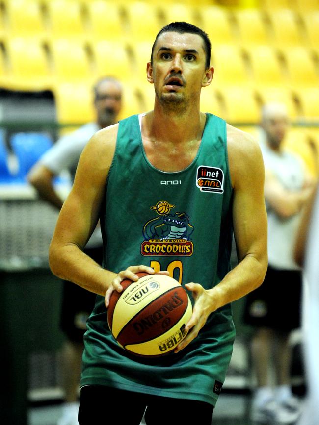 The Townsville Crocodiles have their first training session after the Christmas break. Crocs captain Russell Hinder gets in some free throw practice.
