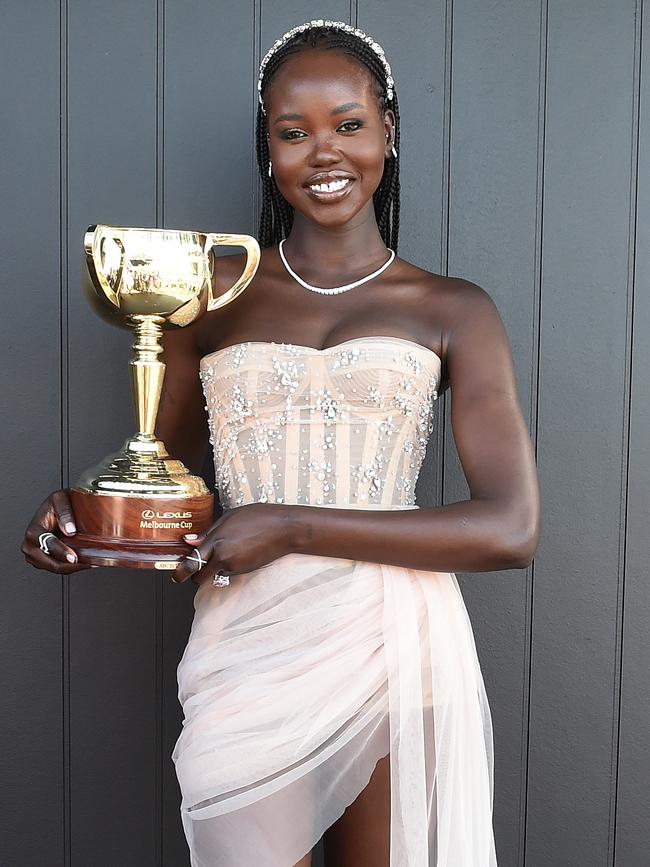 Adut Akech in Paolo Sebastian at the Melbourne Cup. Picture: NCA NewsWire / Josie Hayden