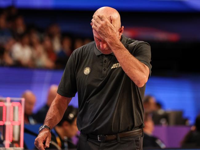 Brian Goorjian reacts on a dirty night for the Boomers. Picture: Takashi Aoyama/Getty Images