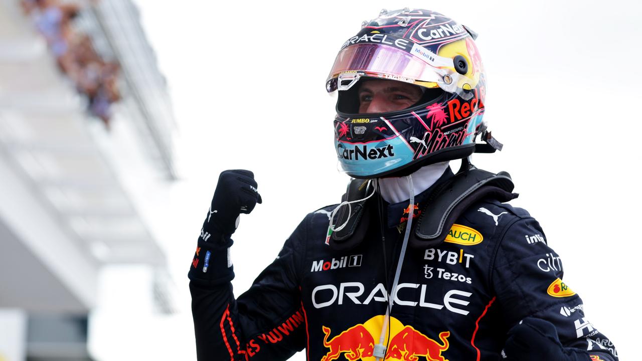 MIAMI, FLORIDA - MAY 08: Race winner Max Verstappen of the Netherlands and Oracle Red Bull Racing celebrates in parc ferme during the F1 Grand Prix of Miami at the Miami International Autodrome on May 08, 2022 in Miami, Florida. (Photo by Mark Thompson/Getty Images)