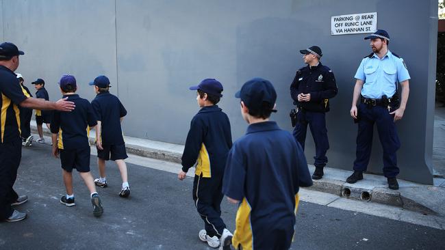 A police presence outside Sydney Jewish school, Mount Sinai College. Picture: Phil Hillyard