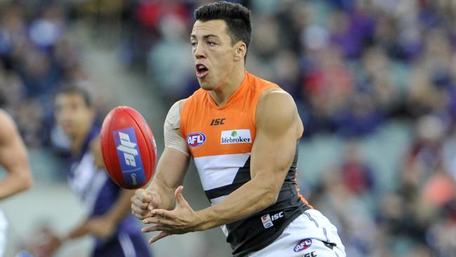 GWS young gun Dylan Shiel gives off a handball. Picture: Justin Benson-Cooper