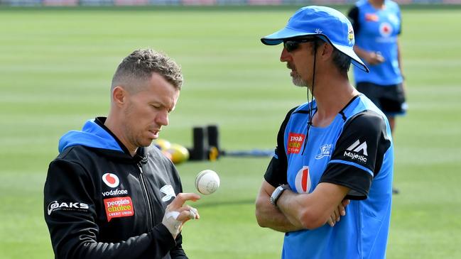 Peter Siddle and coach Jason Gillespie at Adelaide Strikers training last fortnight. Picture: AAP Image/Sam Wundke