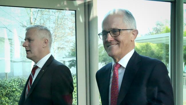 Malcolm Turnbull and Nationals leader Michael McCormack after today's leadership vote at Parliament House in Canberra. (Pic: Ray Strange)