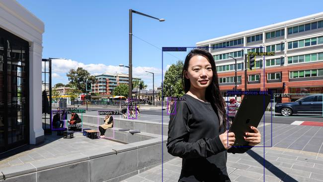 Australian Institute of Machine Learning PhD student Yifan Liu at Lot Fourteen on North Terrace, using her computer vision system for object detection and labelling. Picture: Supplied